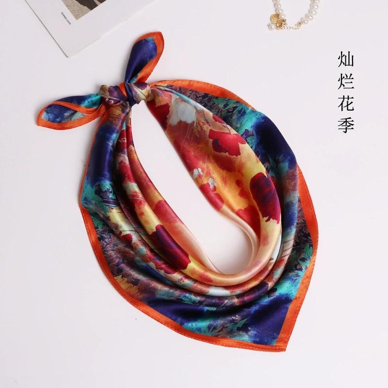 53CM Square Pure Silk Square Scarf 100% Mulberry Silk Decorative Flower Hairband Necktie Small Neckerchief for Women