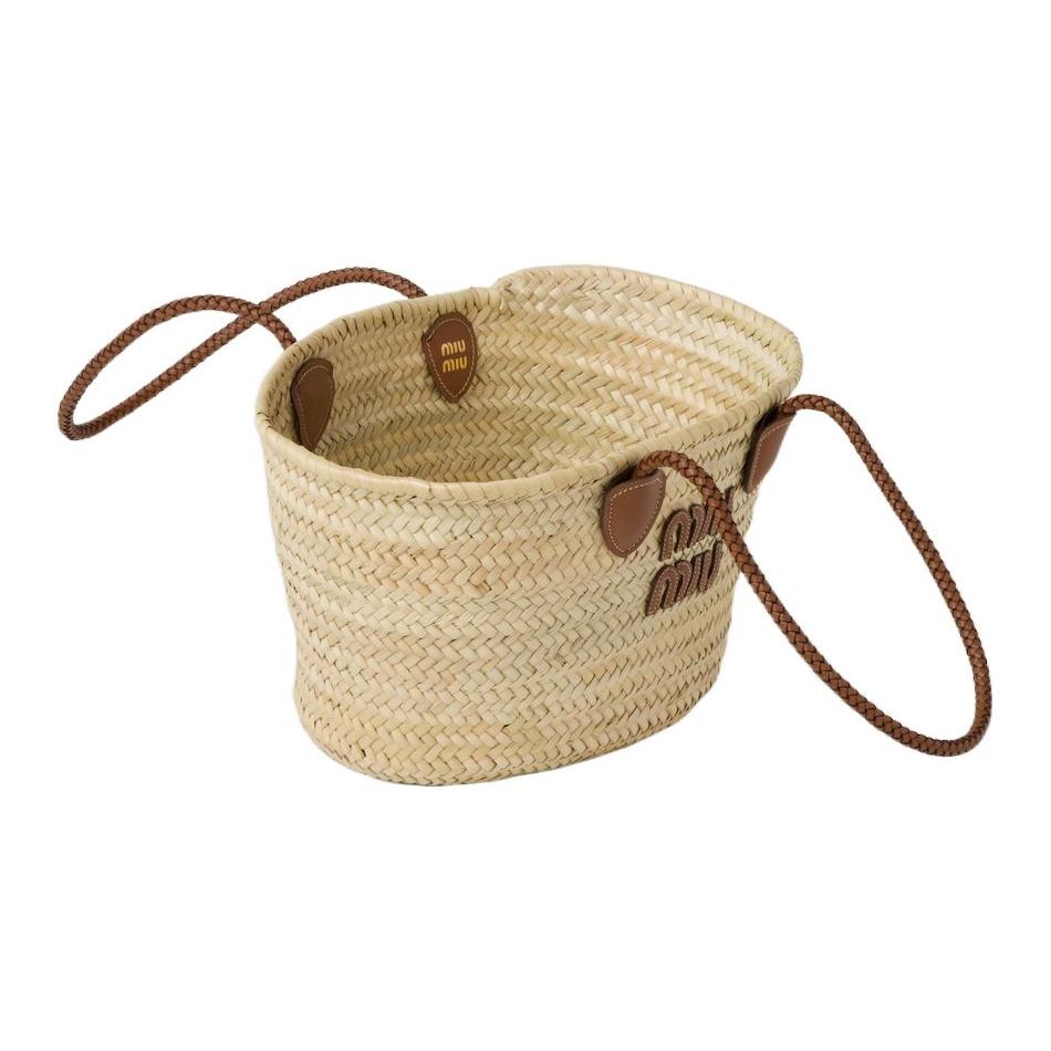 MIU MIU Geantă de plajă din paie cu logo țesut Geantă tote pentru femei Cognac Natural 5BG206-2DDH-F0A5T-V-SLO