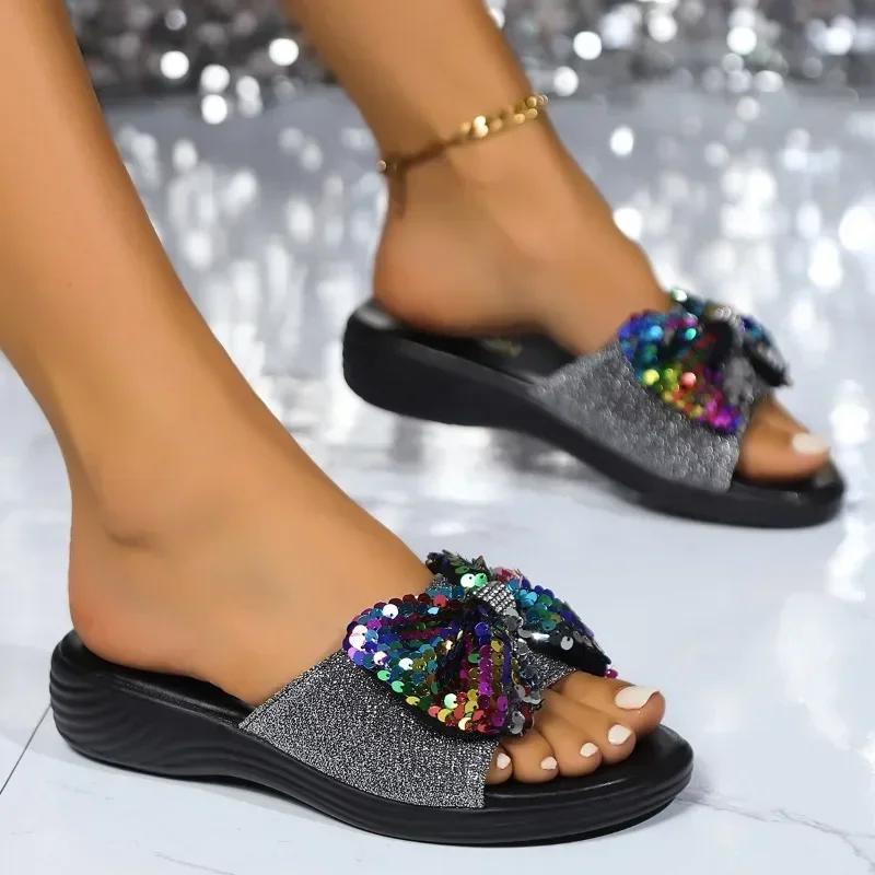 Fashion Women's Slippers 2024 Fashion Sequin Bow Slippers Women Summer Beach Shoes Women Flat Slides Non-slip Soft Sandals Zapatos Mujer