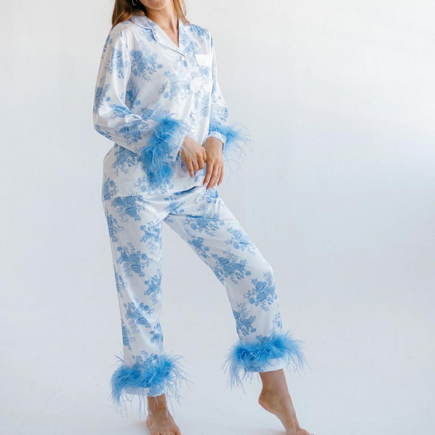 

IHUASU повседневный атласный костюм-пижама с принтом для домашней одежды для женщин XXL небесно-голубой