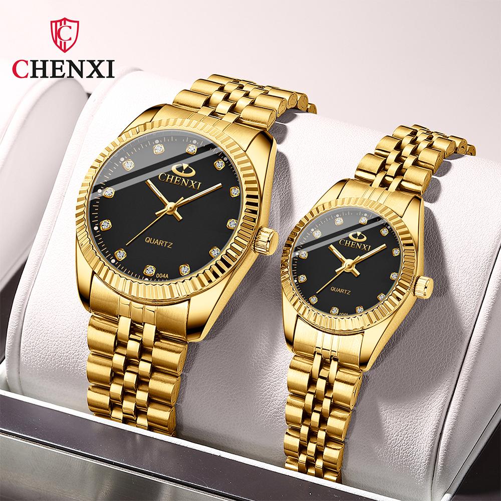 CHENXI Business Gold Couple Wristwatches Waterproof Luminous Couples Watch Fashion Stainless Steel Band Man Woman Watches