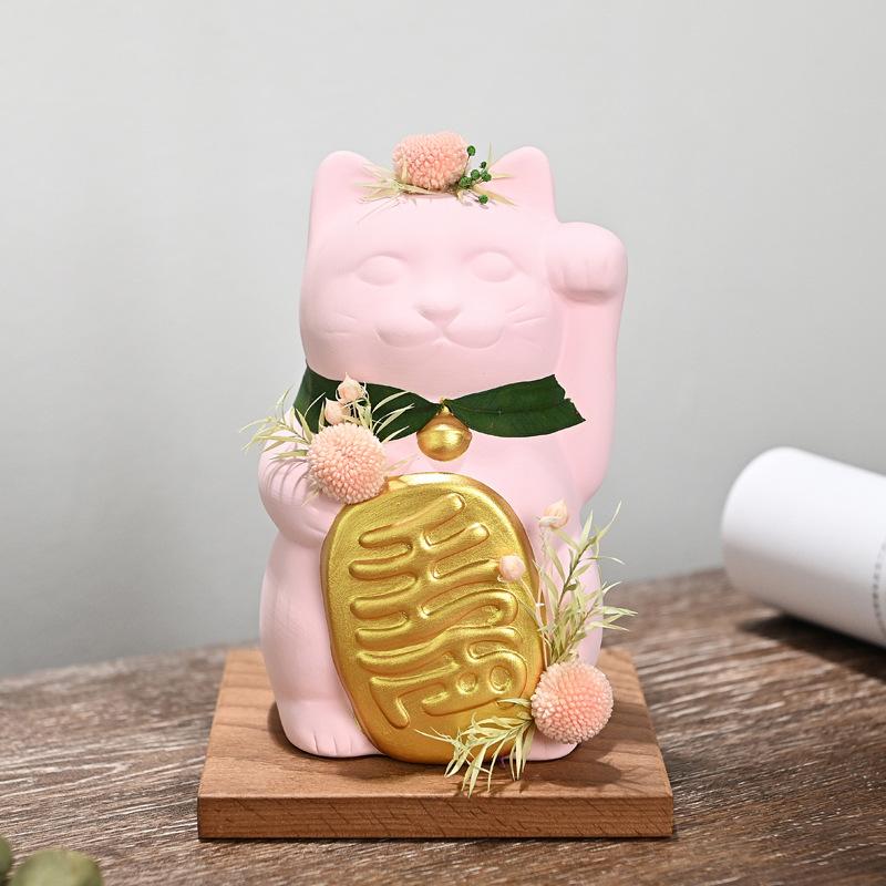 

6-дюймовый красочный керамический кот удачи Манеки-неко с деревянной подставкой, сохраненный цветок, коллективный подарок-кошка, украшение розовый