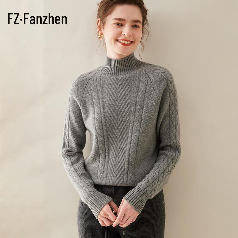 Fanzhen Damski Gruby Sweter z Mieszanki Kaszmiru z Półwysokim Dekoltem