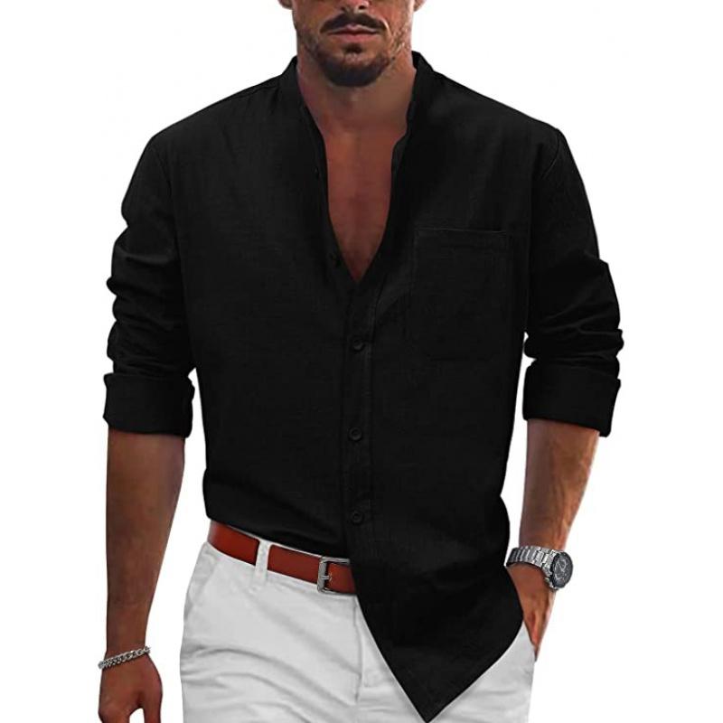 Men Latest Popular Casual Button-Up Long-Sleeve Cotton-Linen Shirt Beach Shirt Casual Shirt