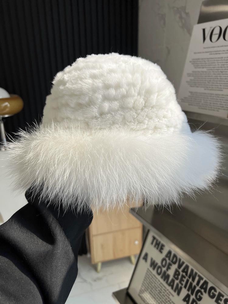 Rex Rabbit Fur Fisherman's Hat Children Autumn and Winter Warm Temperament Versatile Fox Hair Ear Protector Basin Hat Tide Shows Small Face