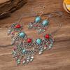 Retro Ethnic Style Carved Turquoise Water Drop Tassel Exaggerated Necklace Earrings Set