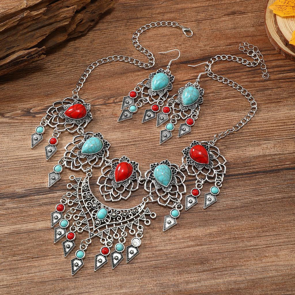 Retro Ethnic Style Carved Turquoise Water Drop Tassel Exaggerated Necklace Earrings Set