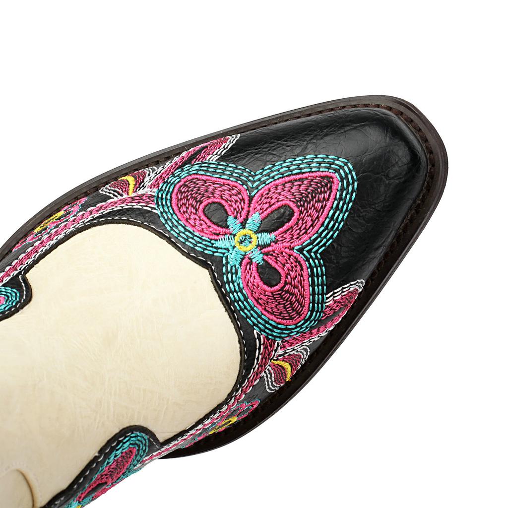 Embroidered Floral Cowboy Western Boots Women's Cowgirls Ankle Boots Comfy Chunky Med Heels Shoes 2024 Autumn Winter