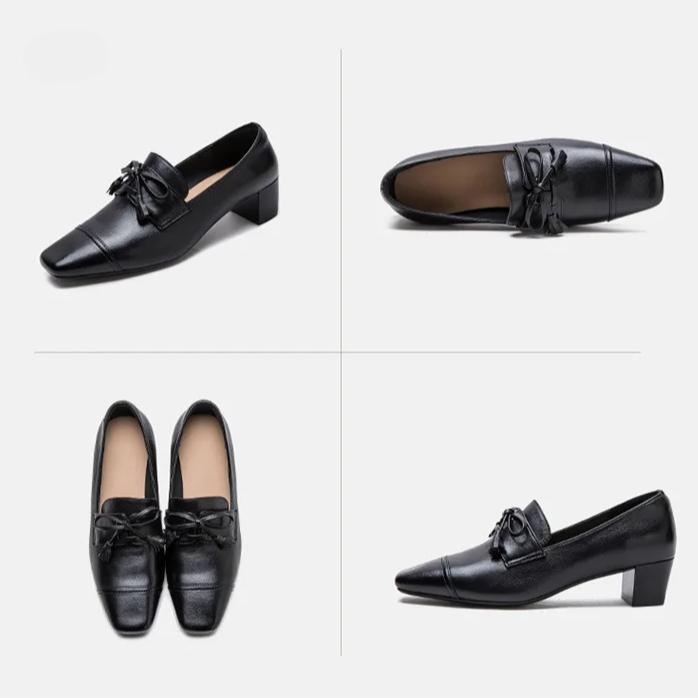 Johnature Retro Genuine Leather Pumps Square Toe Thick Heel Versatile Commuting Women's Shoes