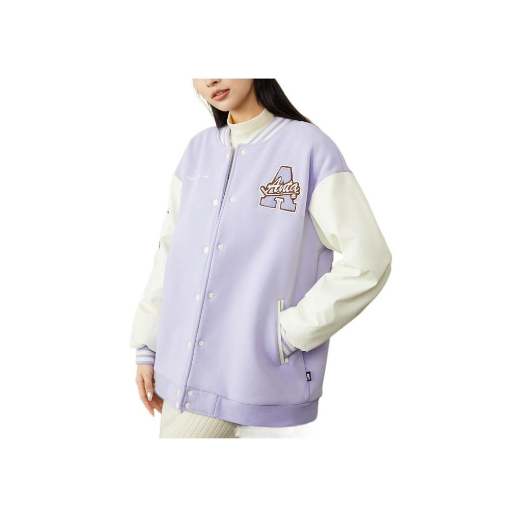 Anta Lifestyle Serie Bedrucktes Etikett Logo Geknöpftes Fleece Warme Baseballjacke Damenjacken Lila 162248725-2