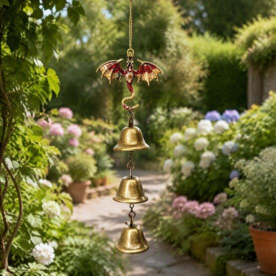 Traditional Gift Retro Dragon Hanging Bells, Metal Flying Wind Chime, Rustic Entrance Door Fantasy Outdoor Garden Ornament for Patio Porch Yard