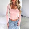 Top Y2K Feminino Slim e Justo Cor Sólida Decote U Manga Longa