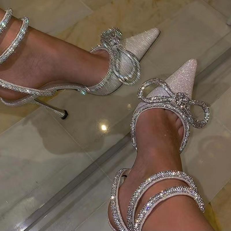 Ins style Glitter Crystal Women Pumps Sexy Ankle strap Rhinestones Bowknot Wedding High heels Summer Party Prom Shoes