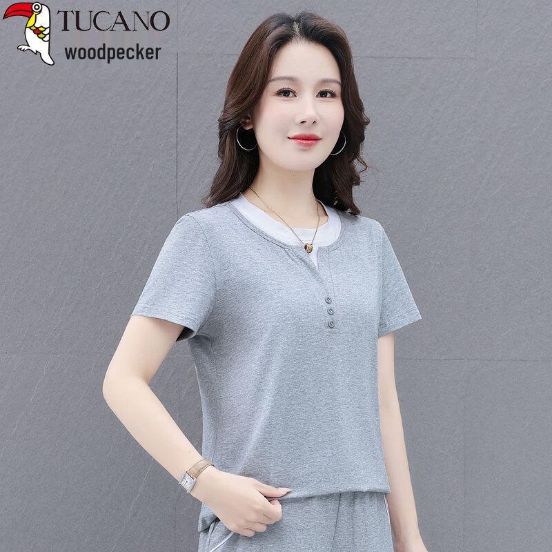Woodpecker Women s Cotton Blend Short Sleeve T-Shirt (Fake Two-Piece Design) M серый