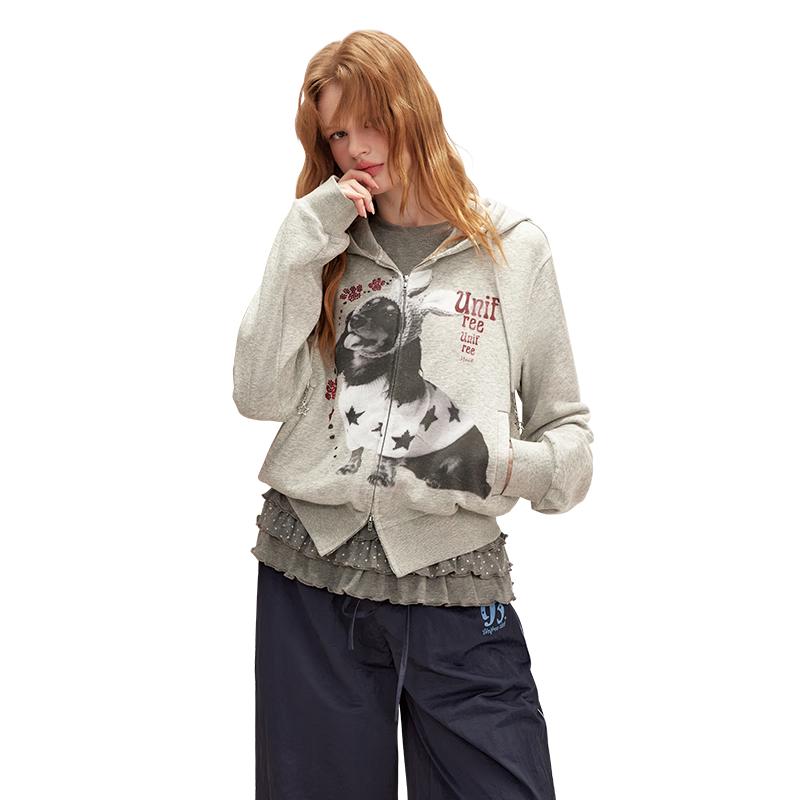 

UNIFREE Women s Plus Size Puppy Print Hooded Casual Jacket 2XL