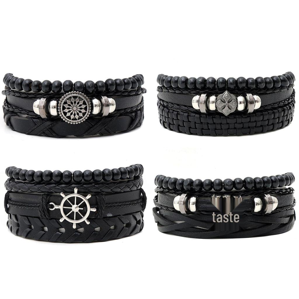 Retro Black Eagle Head Multi-Layer Leather Bracelet Set