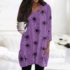 Womens Tops V-neck 3/4 Sleeve Blouses Casual Mid-length Shirts Fashion Halloween Print Tunic Tops With Pockets