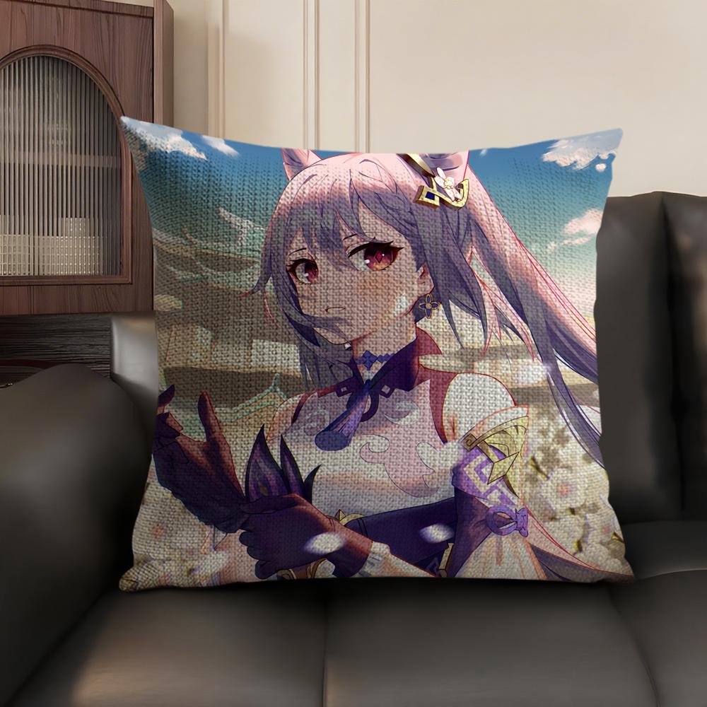 Keqing Genshin Impact Cushion Cover Natural Linen Organic Fabric Double-Sided Printing Sofa Home Decor Gift Pillow Case