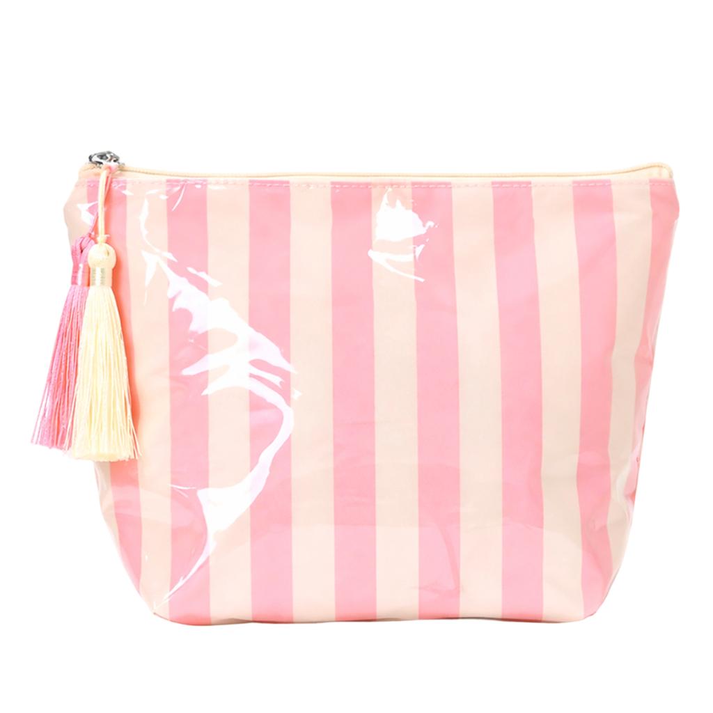 PVC Glossy Striped Cosmetic Organizer with Tassels Portable Travel Toiletry Pouch Trendy Striped Makeup Pack Daily Commute Bags