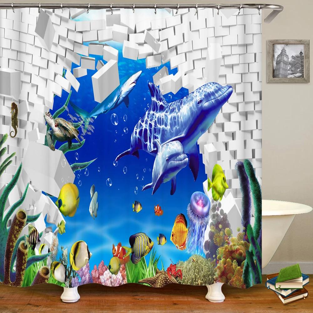 3D Bathroom Curtains Ocean Fish Jellyfish Shell Starfish Dolphin Anchor Shower Curtain Waterproof Fabric Cartoon Boy Bath Screen