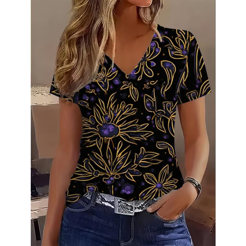 Women s V-neck long-sleeved T-shirt with black background, gold and purple floral print S