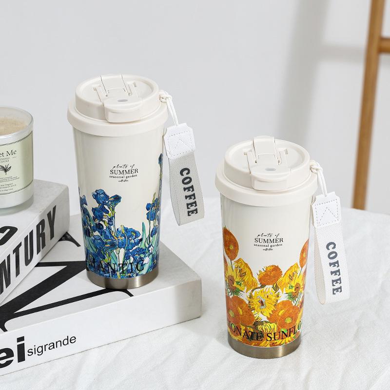 2025 316 Izolovaný hrnek na kávu pro ženy: Elegantní cestovní hrnek s dvojitou stěnou a designem konvalinek