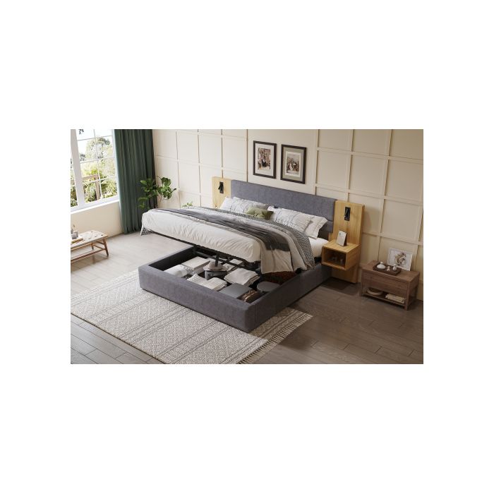 Lit rembourré 180 x 200 cm, lit hydraulique avec port USB, éclairé, tête de lit avec rangement, gris + naturel