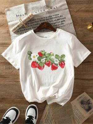 Women's Soft Strawberry Print T-Shirt Vibrant Fruit Design Casual Round Neck Breathable Fabric  Wear Strawberry Shirt