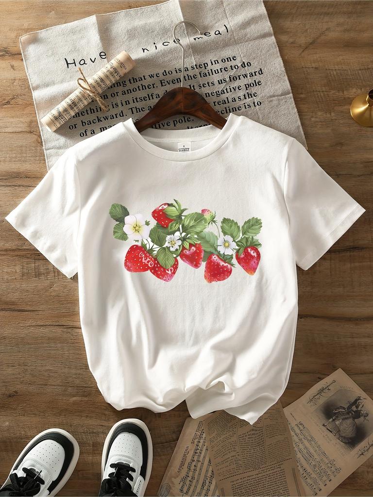 Women's Soft Strawberry Print T-Shirt Vibrant Fruit Design Casual Round Neck Everyday Comfort Fit Strawberry Shirt