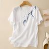Dimanaf 2025 Women Summer Plus Size Loose T-Shirt Printing Short Sleeve V-Neck Linen Basic Thin Vintage Tops Tees Maxi