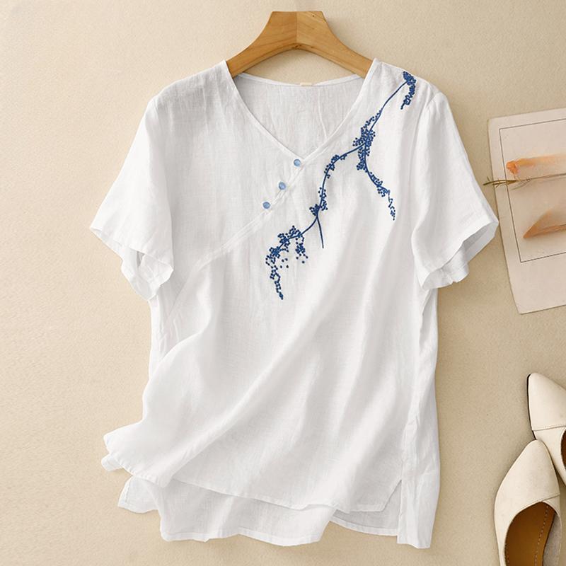 Dimanaf 2025 Women Summer Plus Size Loose T-Shirt Printing Short Sleeve V-Neck Linen Basic Thin Vintage Tops Tees Maxi