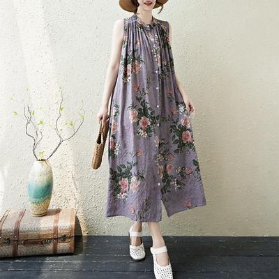 Mouwloos Plus size Katoen vintage Bloemen nieuw binnen jurken voor vrouwen casual losse lange zomerjurk