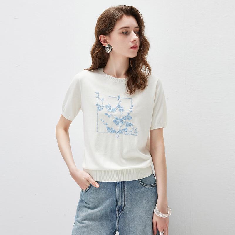 Women's Floral Embroidered Mulberry Silk Blend Knit T-Shirt