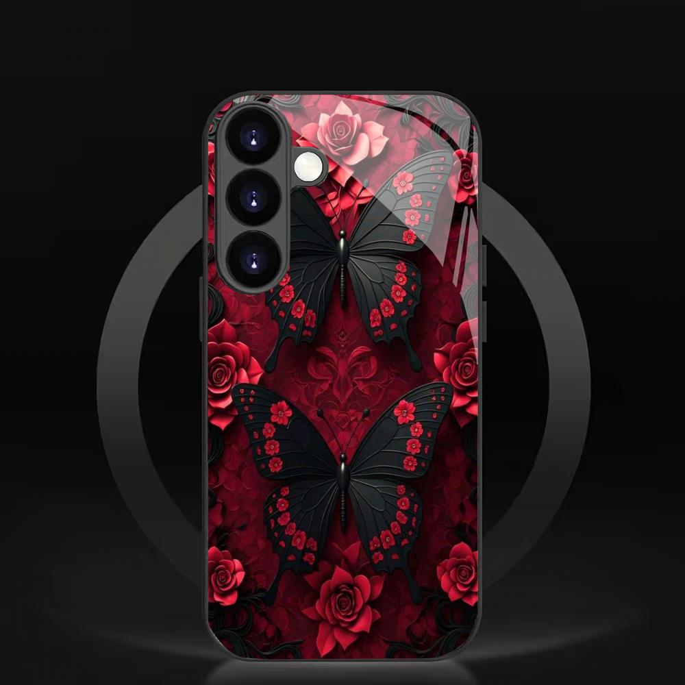 Black Butterfly Tempered Glass Phone Case Suitable for Samsung Galaxy S26 S25 S24 S23 S22 S20 FE/Ultra/Plus Anti Drop Back Cover