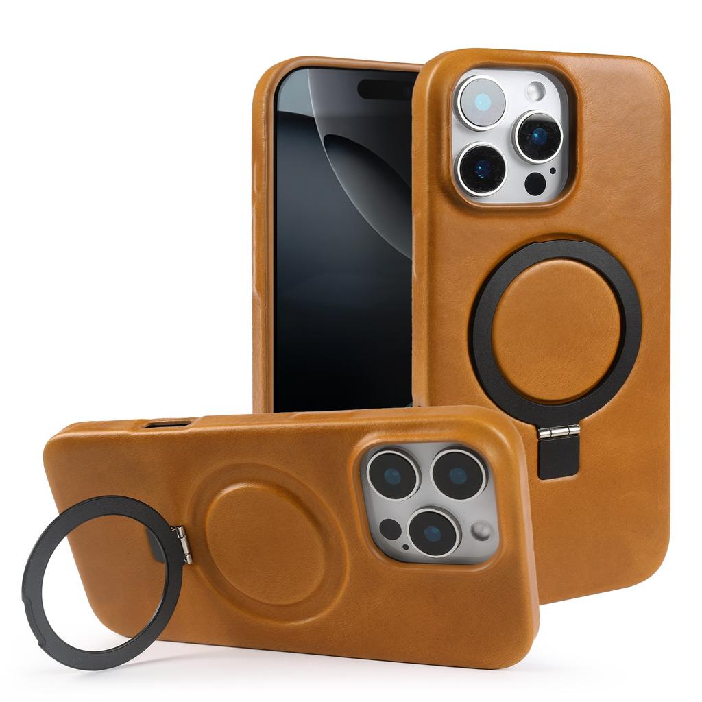 Stand Bracket Genuine Leather Case For iphone 16 Pro Max 16e 15pro 14 13 12 11 Full Wrapped Phone Cases Cover+Magnetic Holder