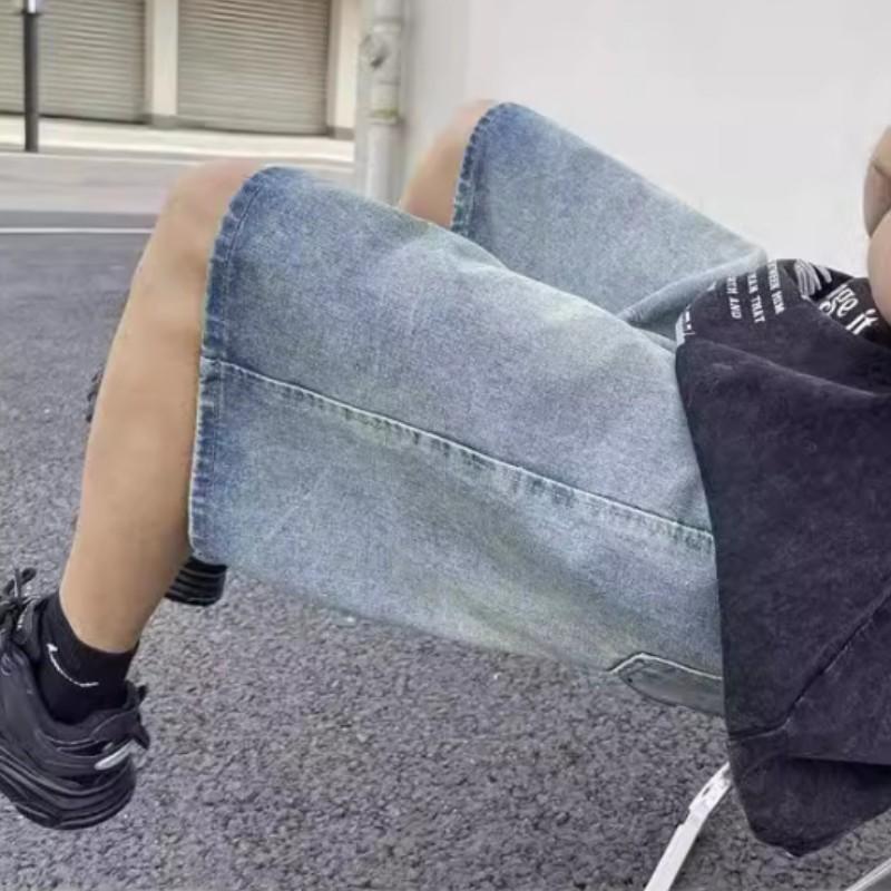 Pantaloncini Estivi da Uomo Dritti Larghi Lavati Casual Gamba Larga Denim Cinque Tasche
