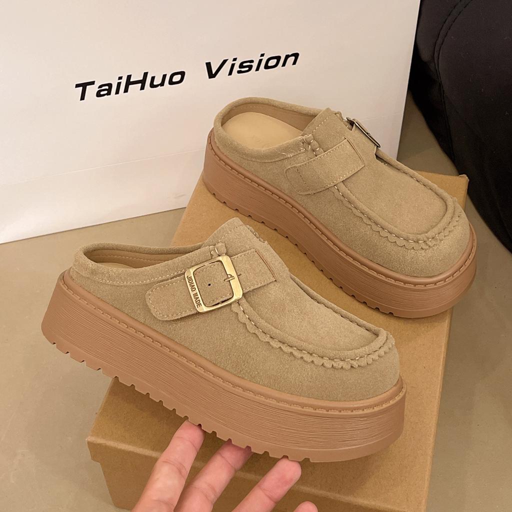 Retro Casual Muffin Sole Single Shoes Women's Spring Buckle British Versatile Fashion Platform Slippers One Pedal Loafers