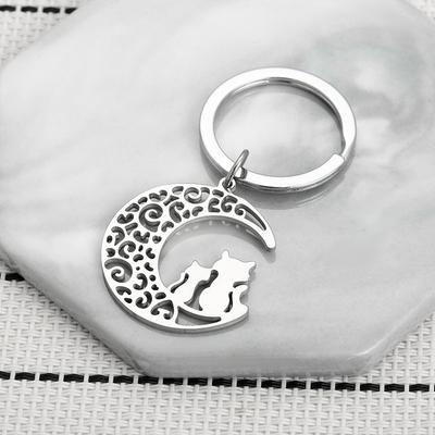 Cartoon Moon Cat Stainless Steel Keychain Sweet Snuggling Kitten Design Fashion Couple Pendant Practical Daily Bag Charm
