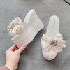 Summer New Muffin Bottom One-word Sandals High-heeled Bow Wedge Slippers Waterproof Table Slippers