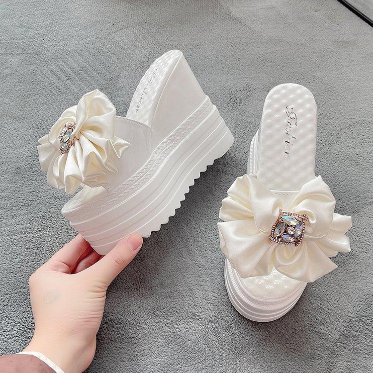 Summer New Muffin Bottom One-word Sandals High-heeled Bow Wedge Slippers Waterproof Table Slippers