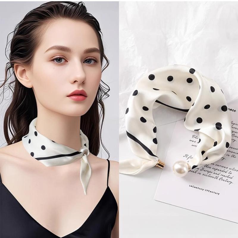 Women's Magnetic Buckle Neck Scarf Polka Dot Paisley Stripe Printed Thin Ribbon Scarf For Shirt Work Outfit Spring Summer Styling