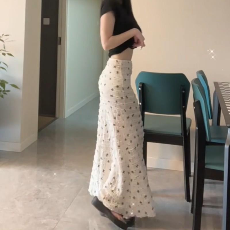 Women's White Floral Fishtail Midi Skirt - Korean-Style Hip-Hugging Design for 175-180 cm Tall Individuals