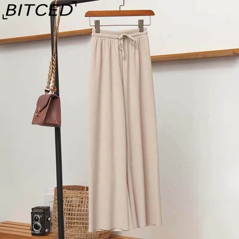 BITCED Ice Silk Cropped Trousers for Women Summer Lightweight High-Waisted Drapey Relaxed Fit Sun Protection Straight-Leg Wide-Leg Trousers