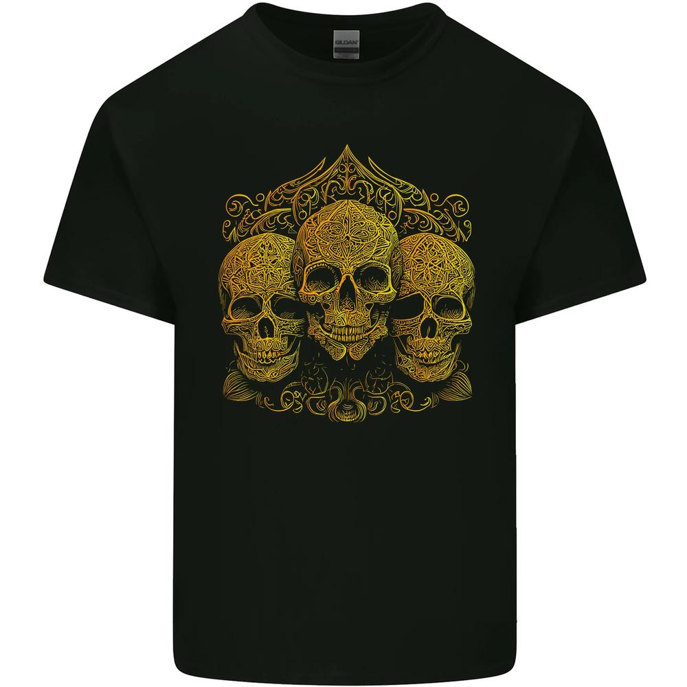 3 Ornate Gold Skulls Gothic Goth Kids T-shirt Boys Girls M