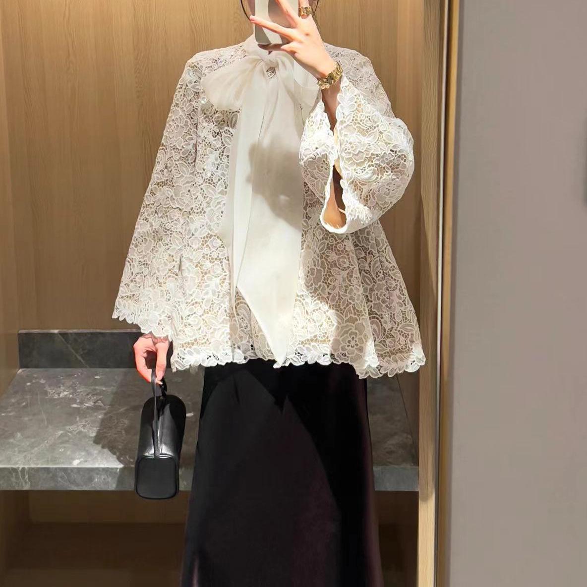 Korean Style White Lace Long Sleeve Loose Top for Women - 2026 Early Spring Collection Large