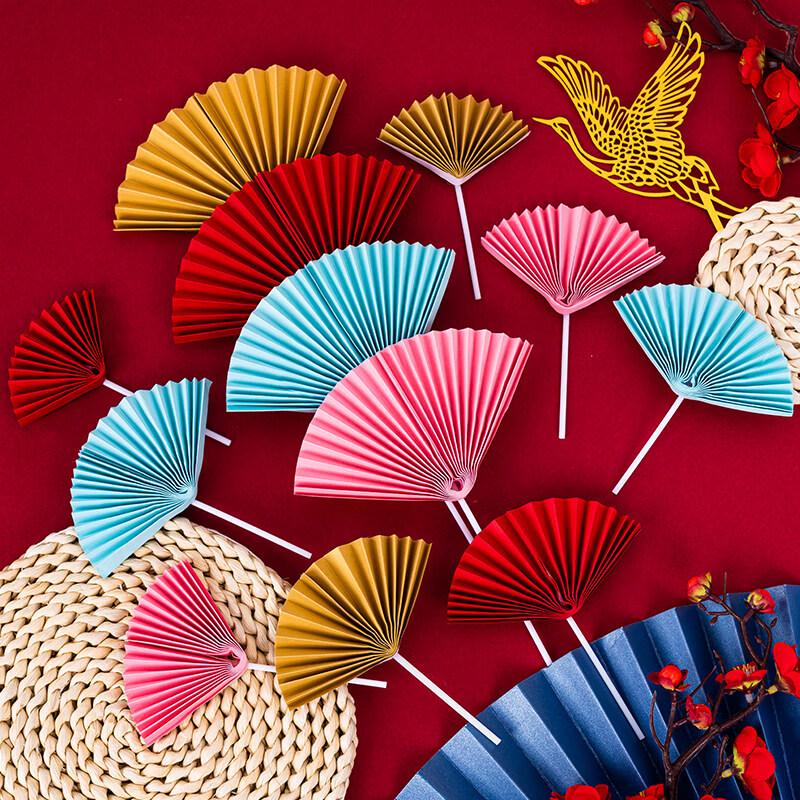 Chinese Style Red Sunflower Folding Fan Cake Topper