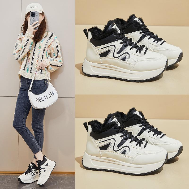 Women's Chunky Platform Snow Boots Non-Slip Short Ankle Booties Faux Fur Lining Running Walking Shoes Winter Warm Lace-Up Tennis Sneakers for Women