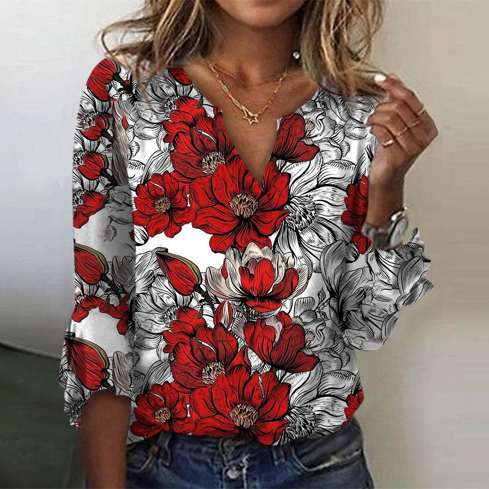 

Женская свободная повседневная футболка с рукавами три четверти и v-образным вырезом, кружевная футболка с цветочным принтом, топ M красный