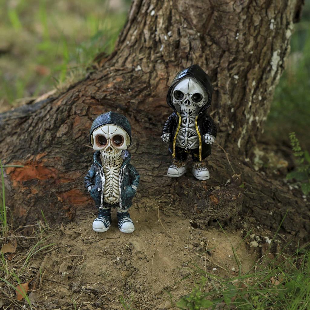 Cool Halloween Skeleton In Hoodie Resin Figurine - Gothic Desktop Decor, Cartoon Skull Statue