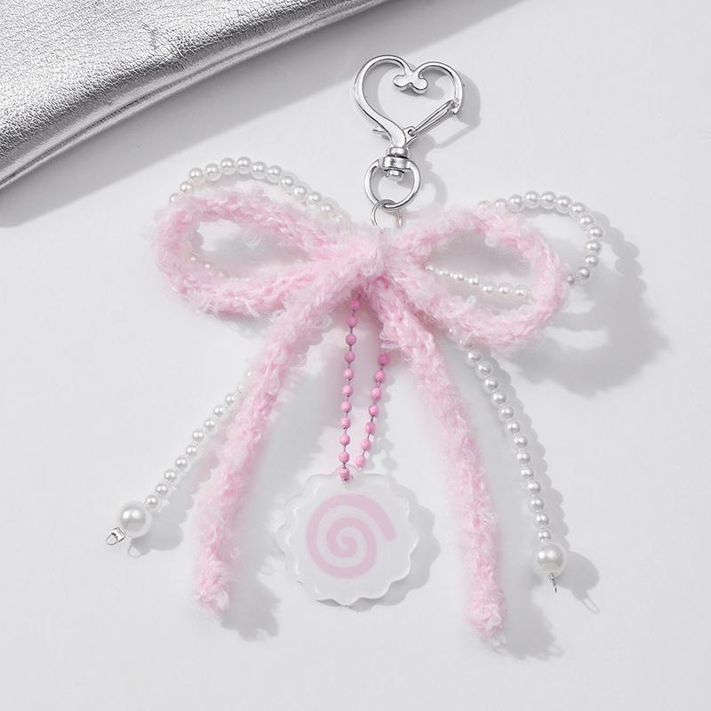

Брелок с подвеской в виде банта из искусственного жемчуга для женщин, милое кольцо для ключей от машины, изысканные аксессуары для украшения рюкзака, подарки